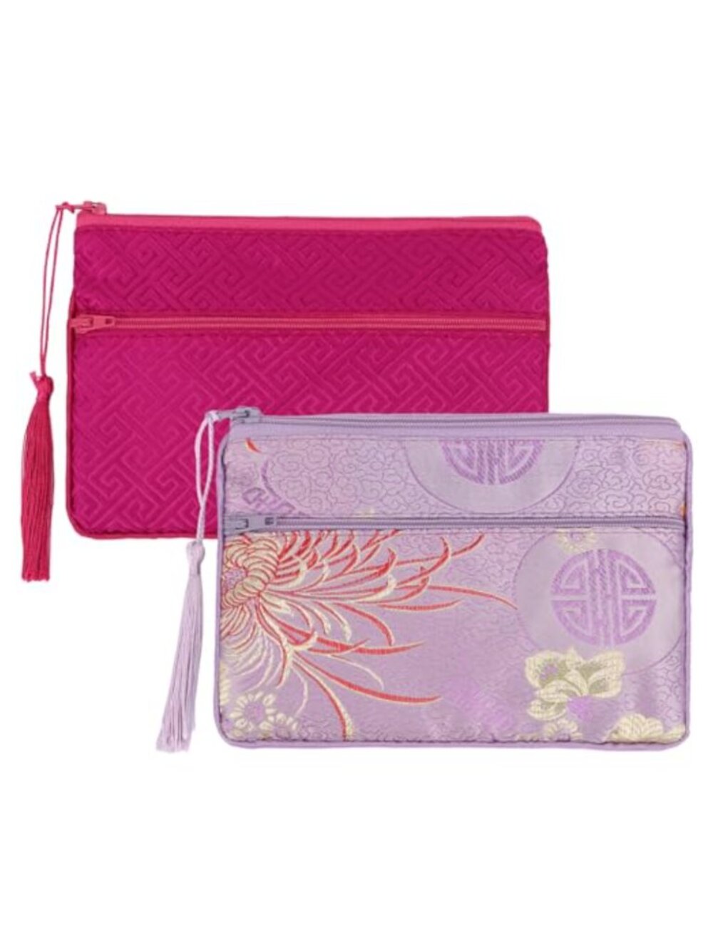 Set of 2 Silk Brocade Jewelry Pouches with 2 Zipper Pockets & Tassels